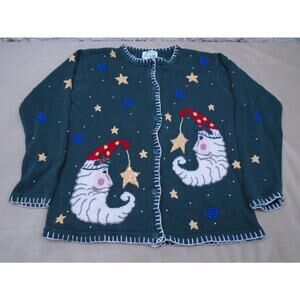 VTG Quacker Factory Womens Cardigan Medium Santa Celestial Moon Sweater Party